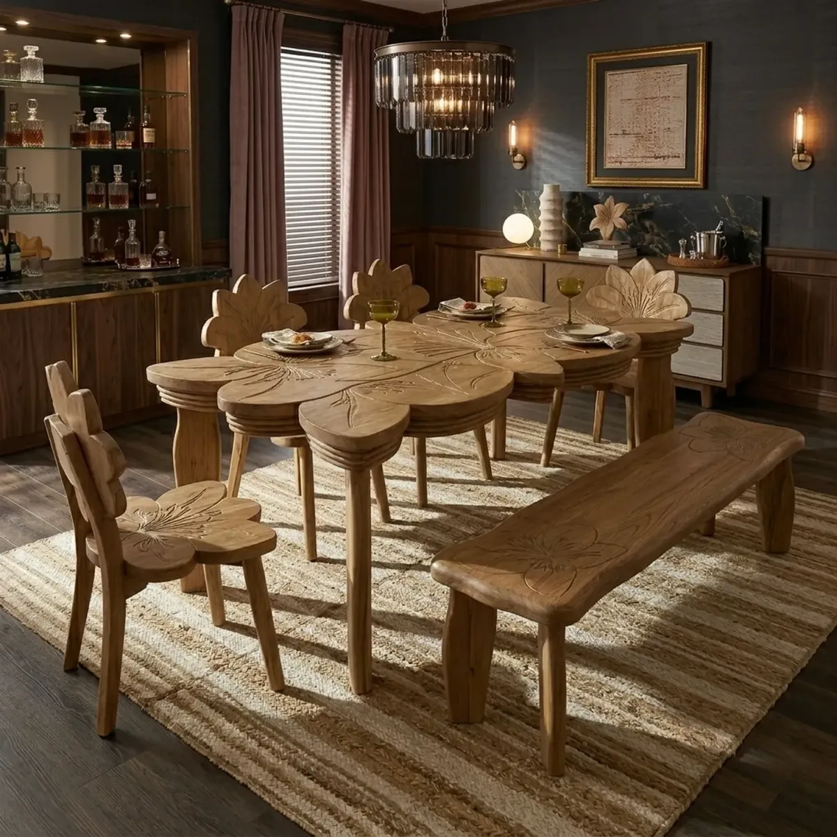Wooden Lily Shaped Dining Set Elegant Floral Silhouette Carved Wood Table