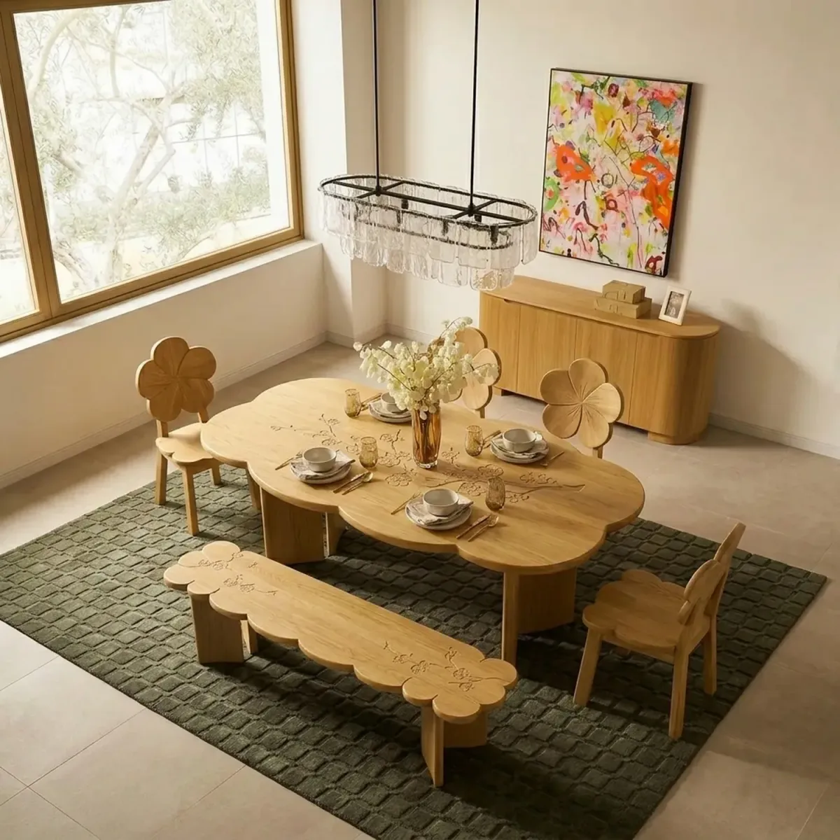 Wooden Plum Blossom Dining Set Oriental Floral Silhouette Wood Furniture