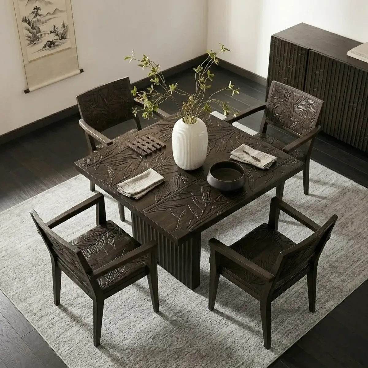 Wooden Heliconia Dining Set Tropical Floral Silhouette Artistic Wood Seating