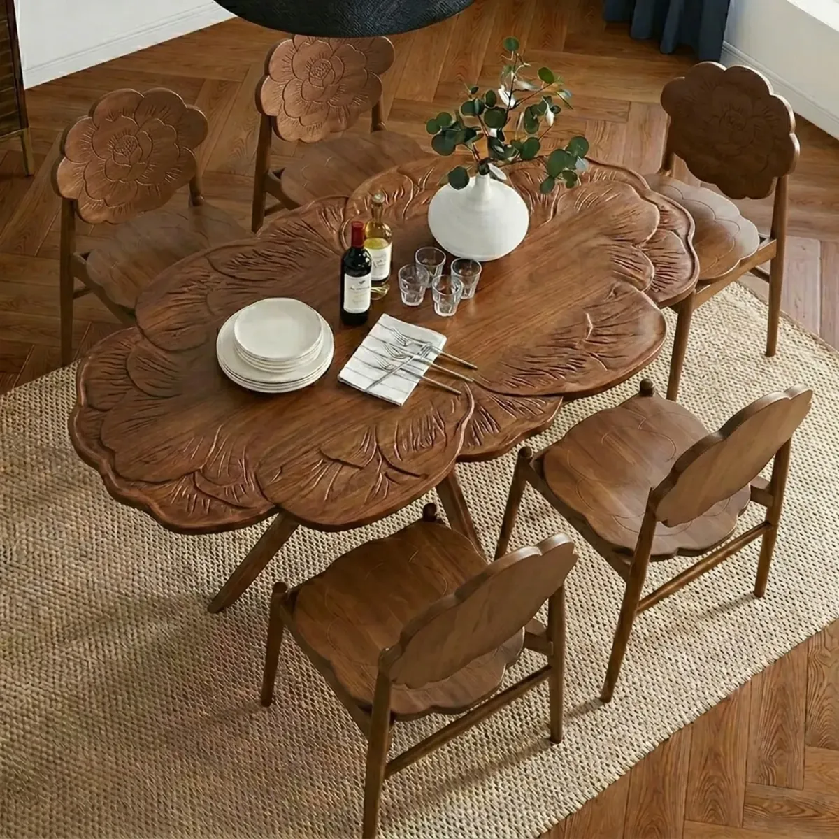 Wooden Camellia Dining Set Decorative Floral Motif Artistic Dining Set