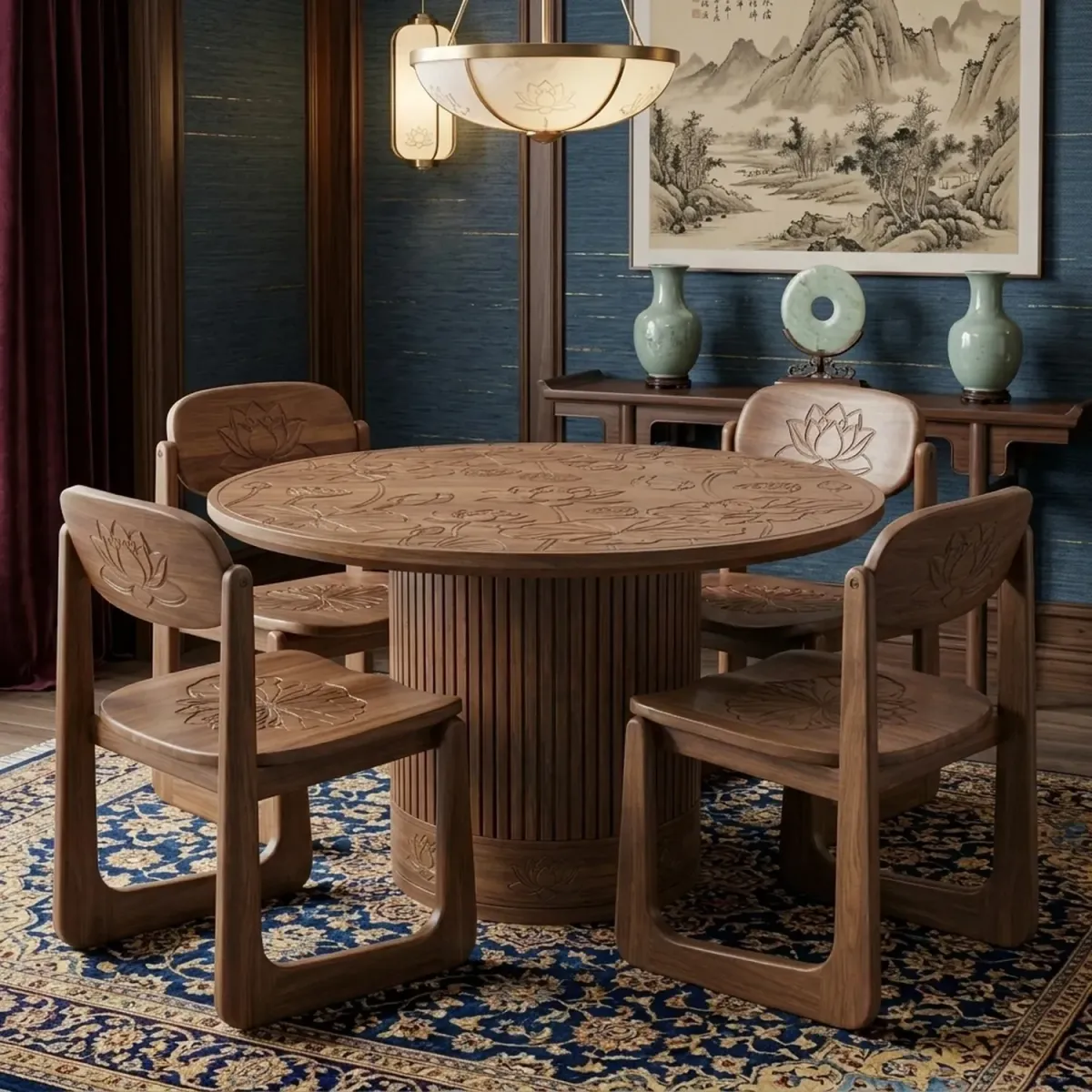 Wooden Lotus Carved Dining Set Handcrafted Floral Shape Dining Table Set