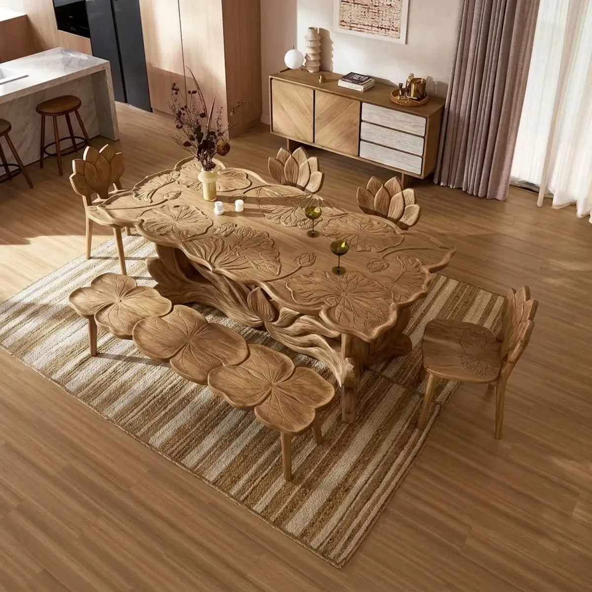 Wooden Lotus Flower Dining Set Floral Silhouette Artistic Dining Furniture