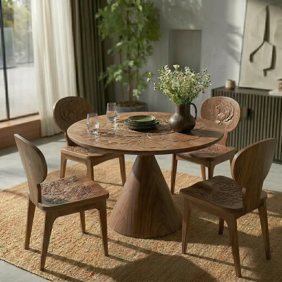 Wooden Peony Flower Dining Set Romantic Floral Shape Artistic Wood Furniture