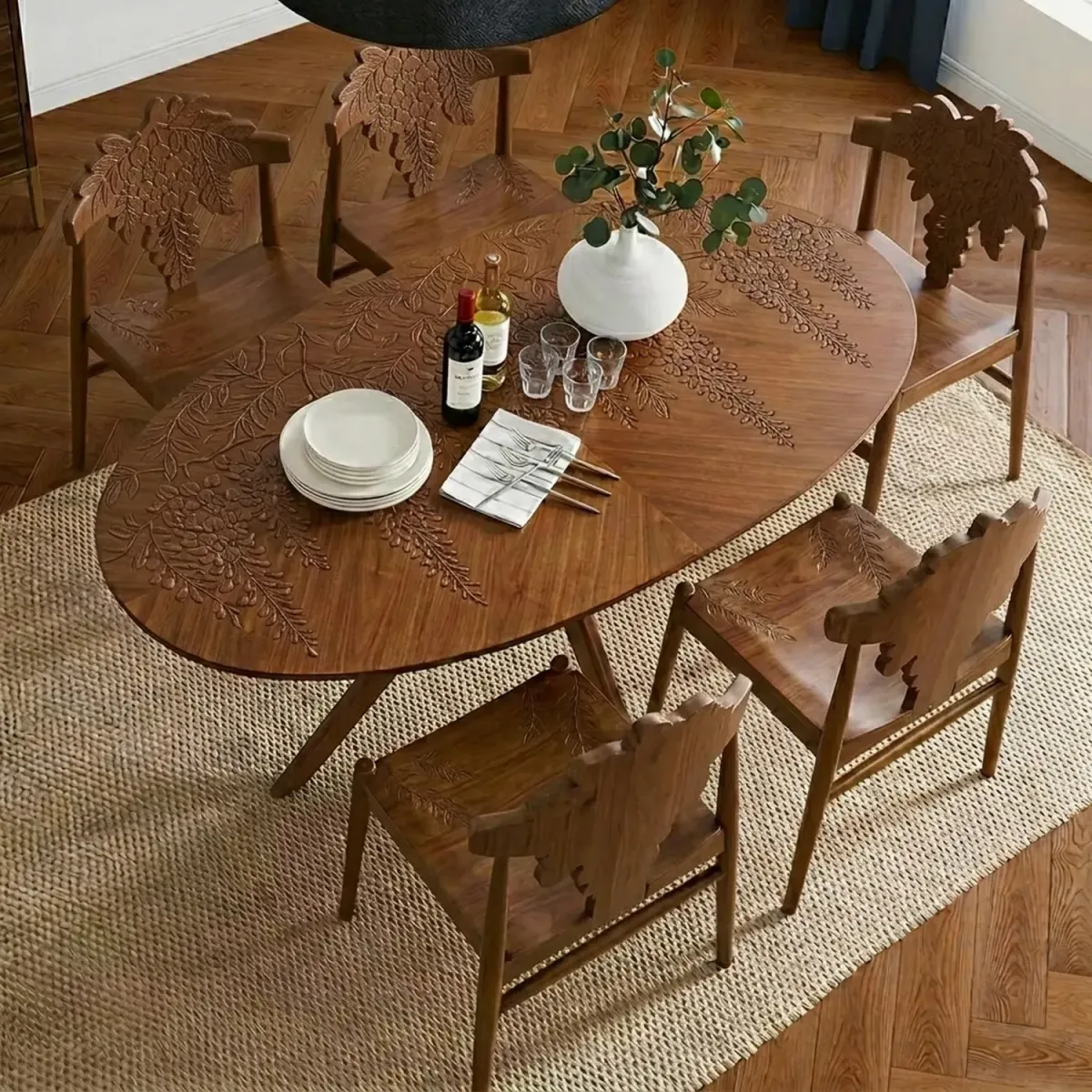 Wooden Wisteria Dining Set Elegant Floral Silhouette Carved Wood Dining Set